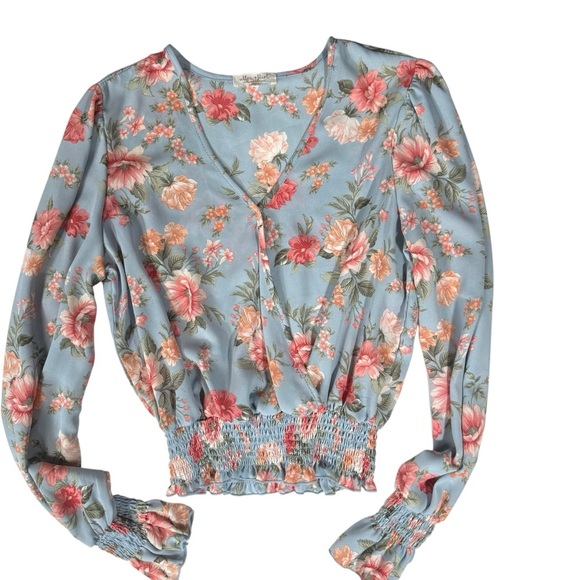 Ultra Flirt Floral Wrap Blouse in Blue and Pink - Picture 3 of 12